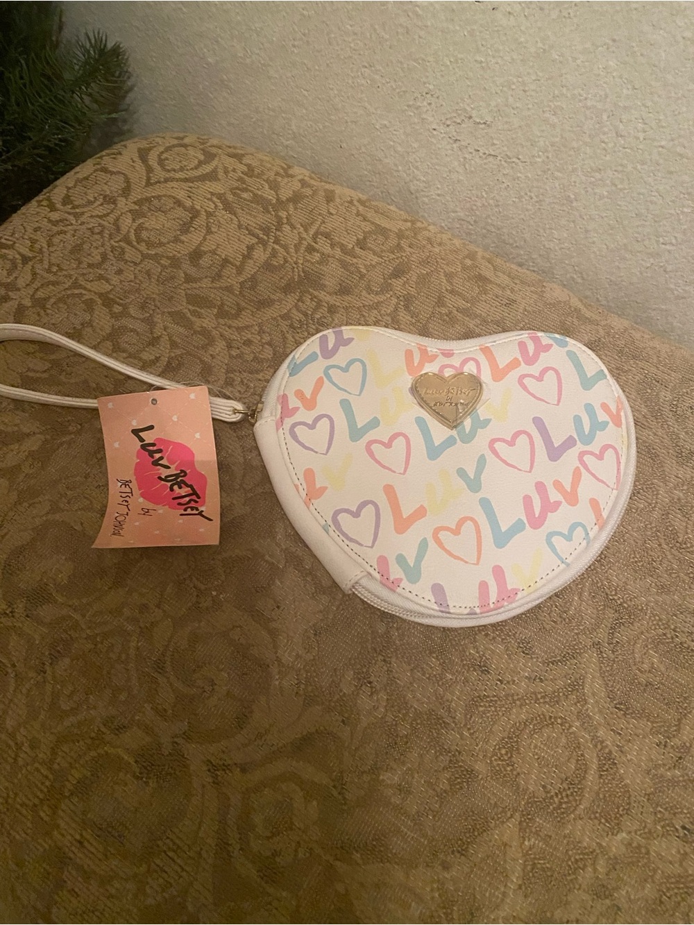 Betsey Johnson White Heart Crossbody with Pastel 'Luv' Print